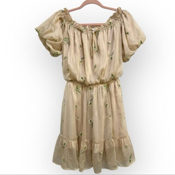 Calvin Klein Jeans Dresses & Skirts - G.P.D. Cream Floral Embroidered Puff Sleeve Dress - Size Medium